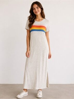 Anthropologie Cream Maxi Dress with Retro Rainbow Stripe